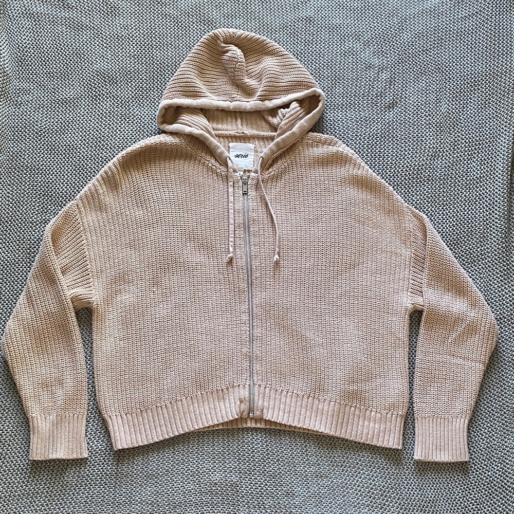 Aerie Tan Slouchy Knit Zip Up